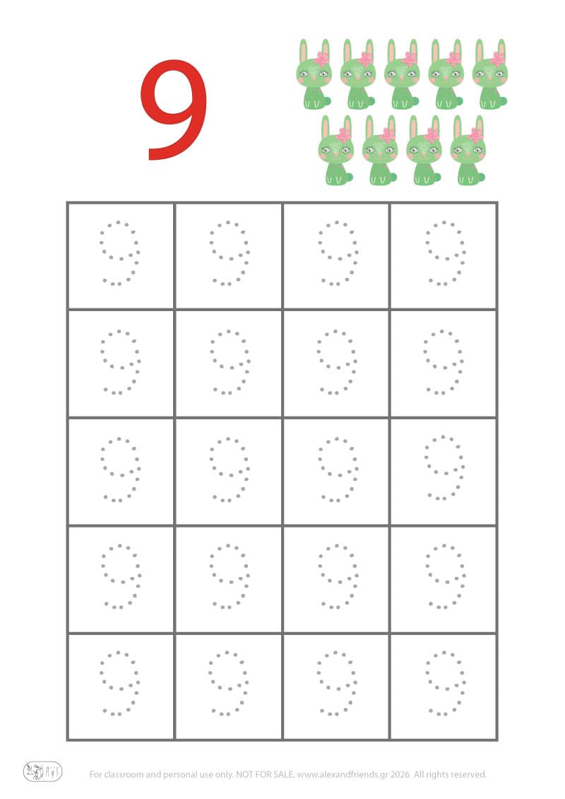 Number 9. Easter pre-writing number worksheets for kids