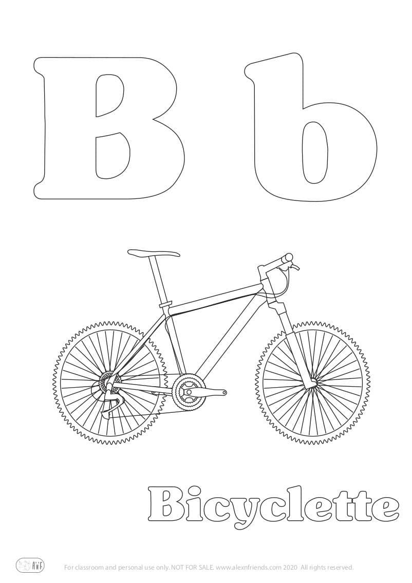 Learning french alphabet for kids. Free printable coloring page with letter B b and a bicycle