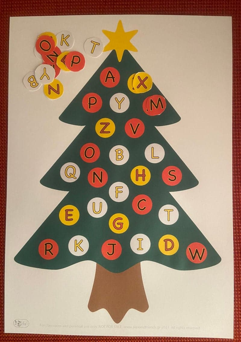 Free printable learning activity for kids for the holidays. Christmas and New Year's. English alphabet Christmas tree.