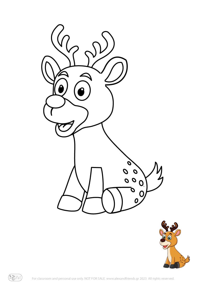 Free Christmas Coloring Pages for kids toddlers preschool kindergarten. Rudolf.