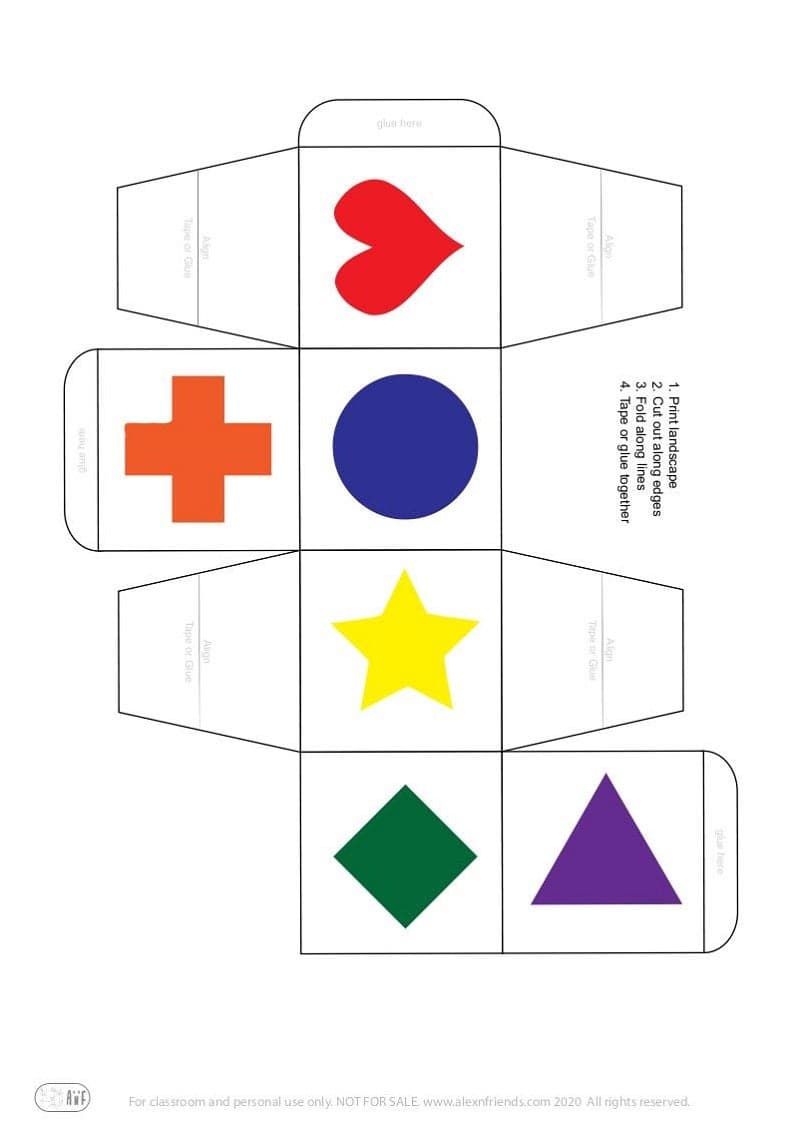 Educational play for preschoolers. Cube with shapes and colors.