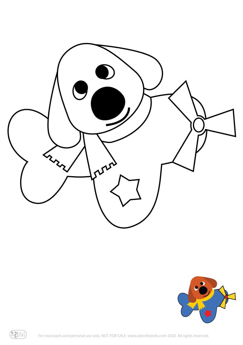 Learning activity for kids. Free printable coloring page of a dog and airplane