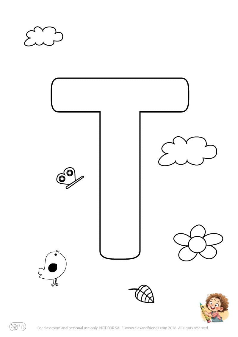 Letter T. Printable English alphabet coloring pages for children learning letters