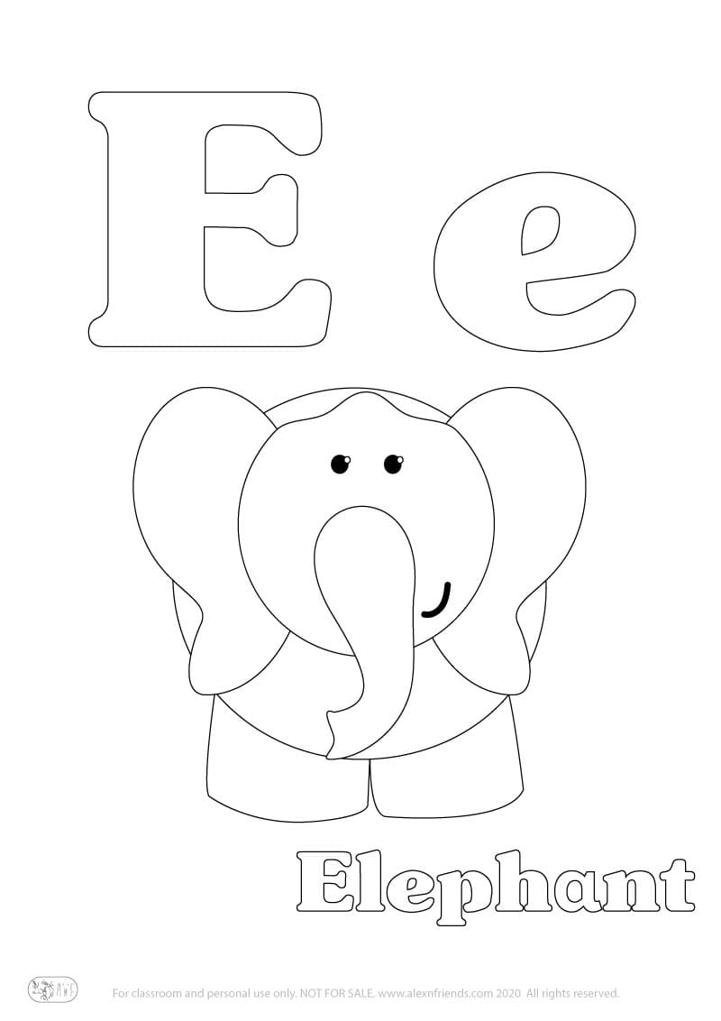 Learning english alphabet for kids. Free printable coloring page with letter E e and an elephant