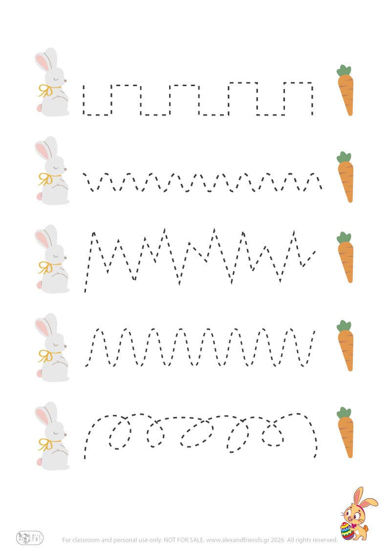 Bunny - carrot. Easter pre-writing worksheets for kids