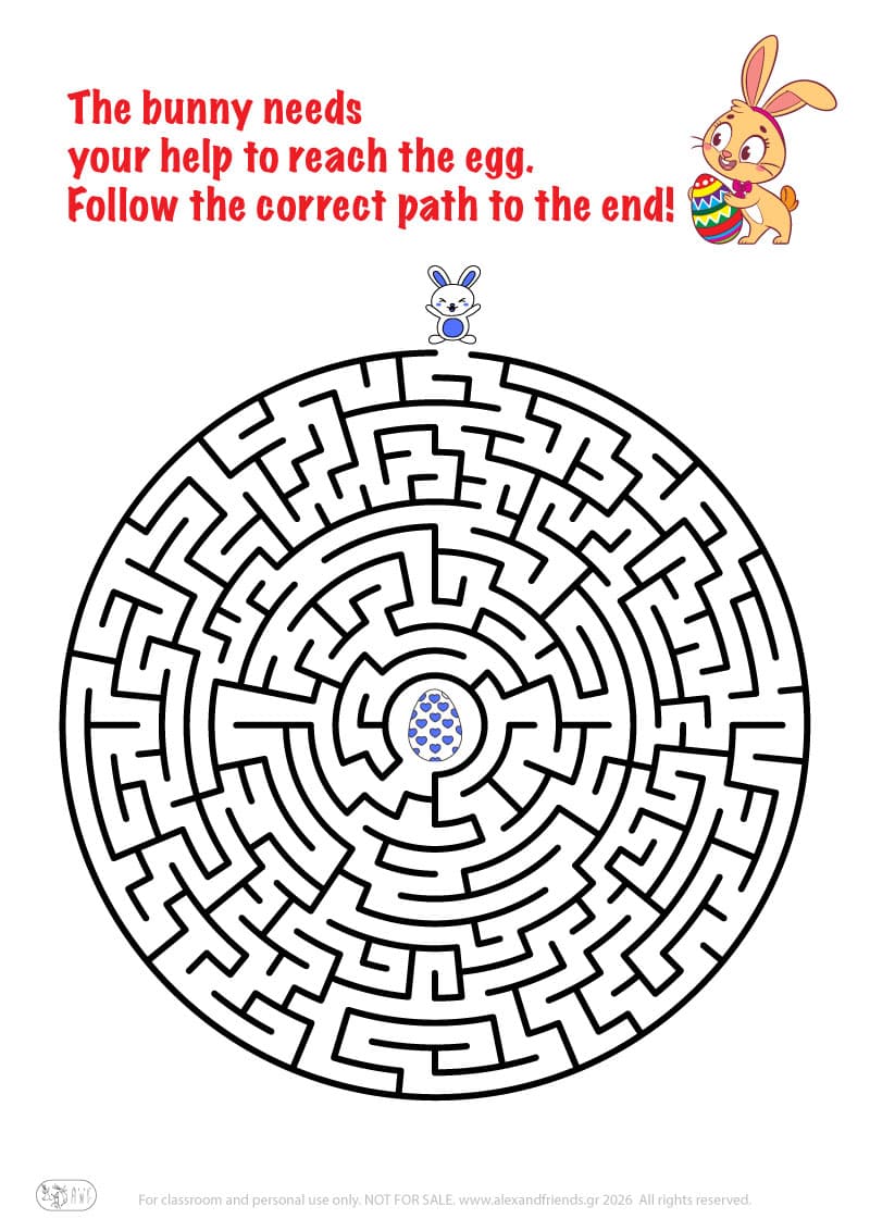 Bunny and Easter egg. Easter maze worksheets for kids 