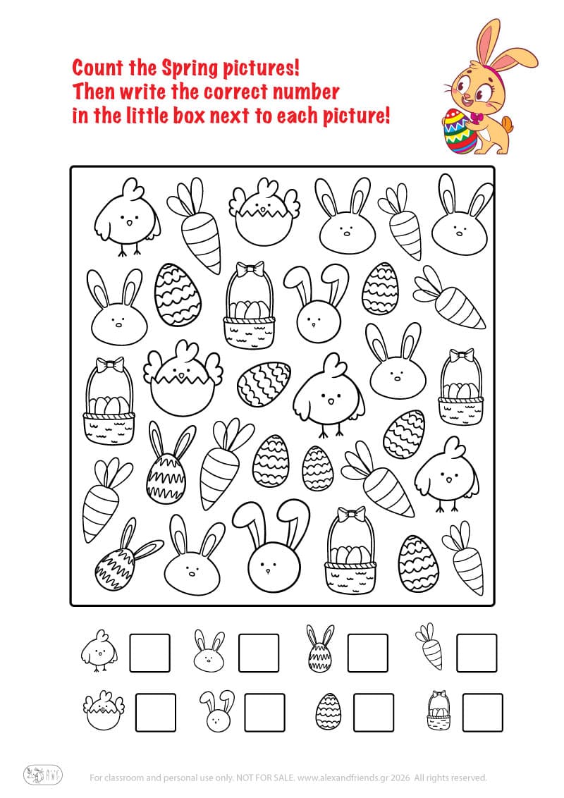 Count the pictures. Printable Easter preschool worksheet 