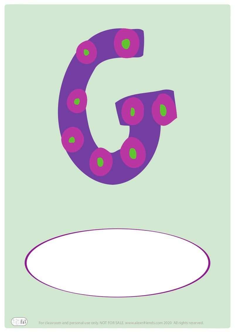 Free printable cover for kids' personal booklet with latin letter G.