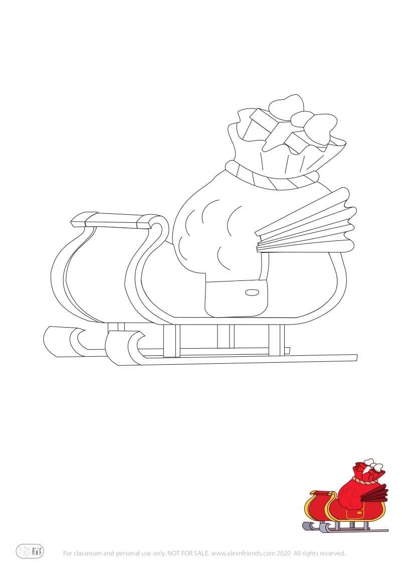 Free printable holiday coloring page for kids. Christmas and New Year. Santa Claus' sleigh.