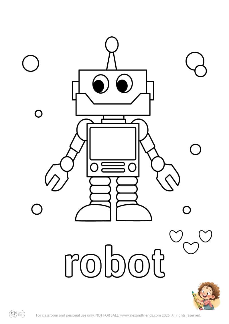 Letter r - robot. Printable English alphabet coloring pages for children learning letters