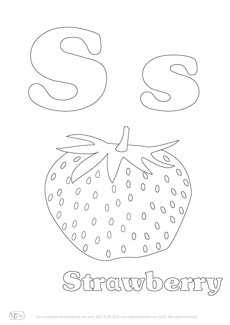 Learning english alphabet for kids. Free printable coloring page with letter S s and a strawberry