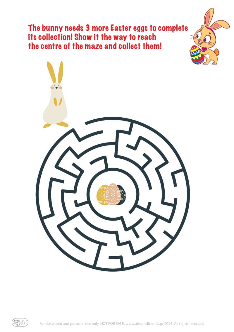 Bunny and Easter eggs. Easter maze worksheets for kids 