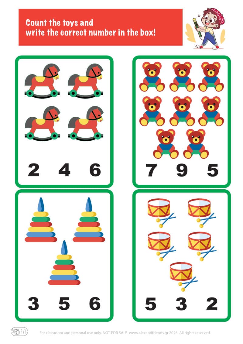 Count the toys. Printable worksheets and activities that help kids practice number recognition and early math skills.