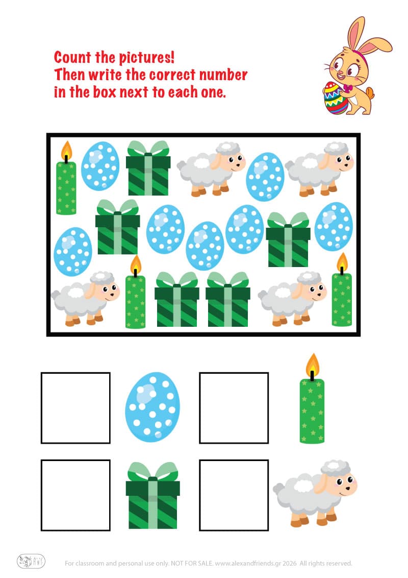 Count the pictures. Printable Easter preschool worksheet 