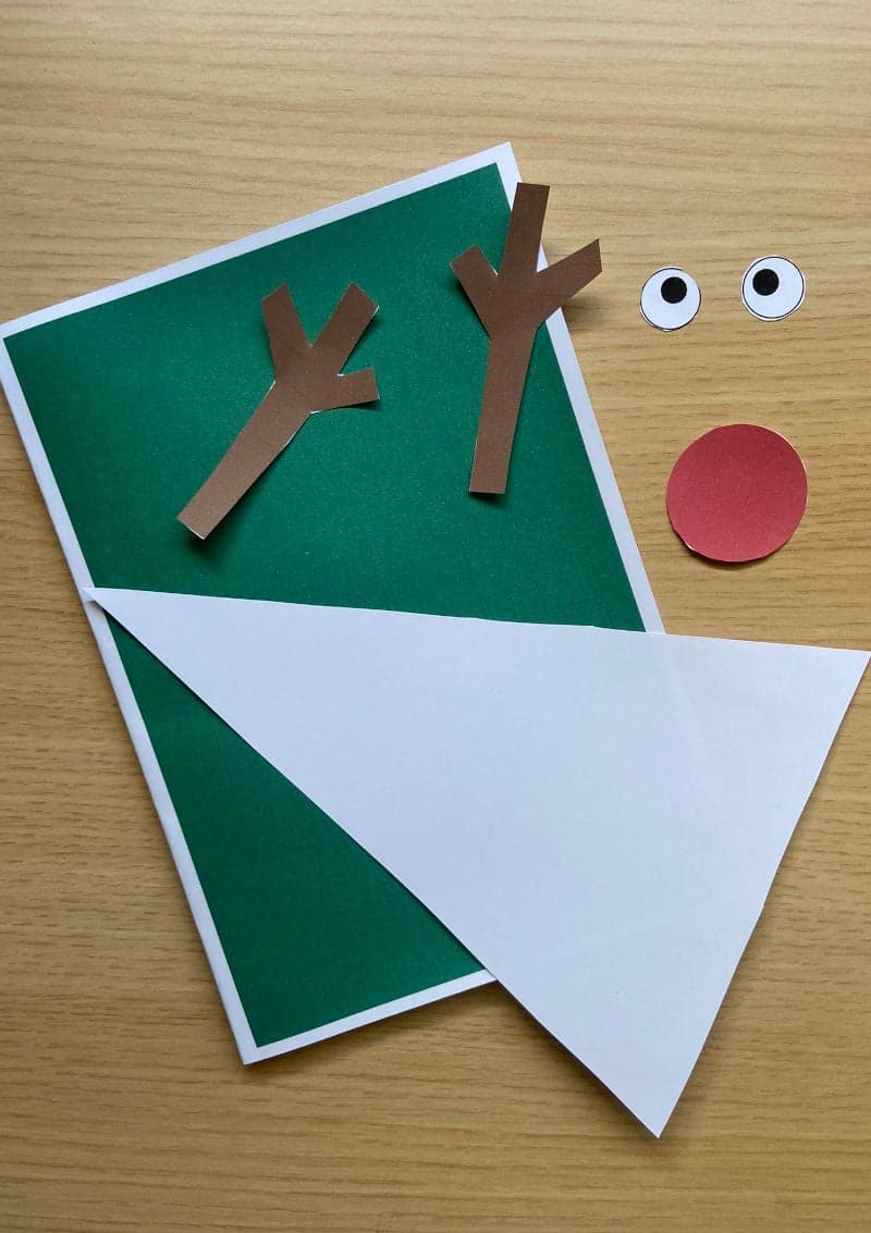 Free printable craft for kids for the holidays. Christmas and New Year's. Rudolf the red nose reindeer card.