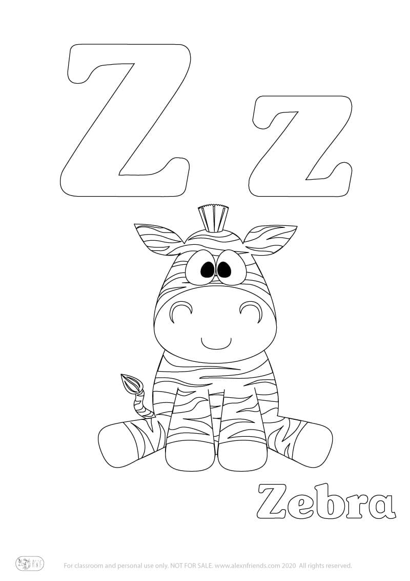 Learning english alphabet for kids. Free printable coloring page with letter Z z and a zebra.