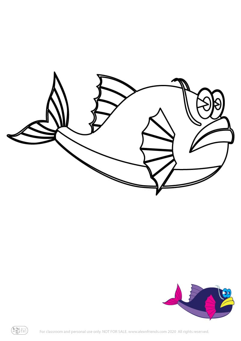 Learning activity for kids. Free printable coloring page of a fish.