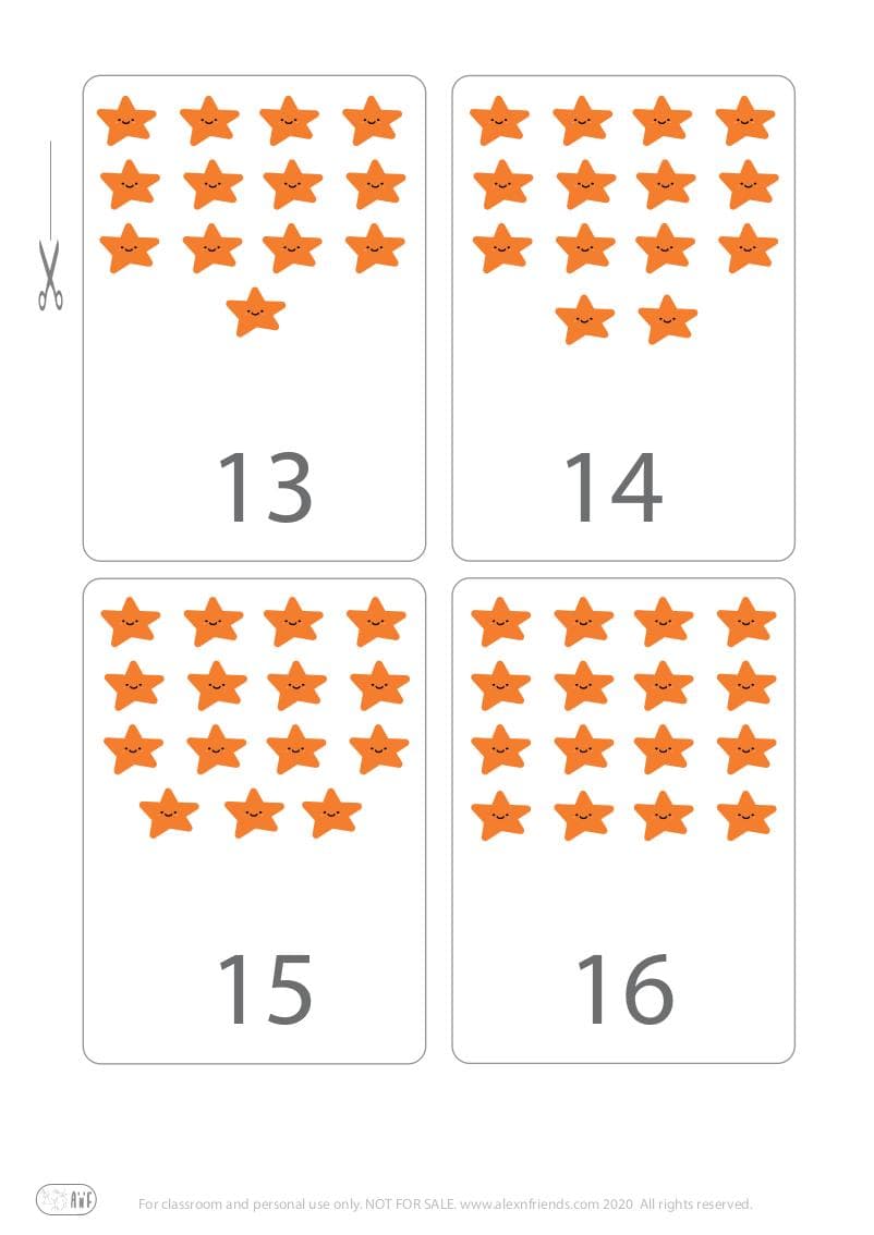 Xαρούμενες δωρεάν εκτυπώσιμες κάρτες με αστεράκια για παιδιά για την εκμάθηση των αριθμών 13, 14, 15, 16 