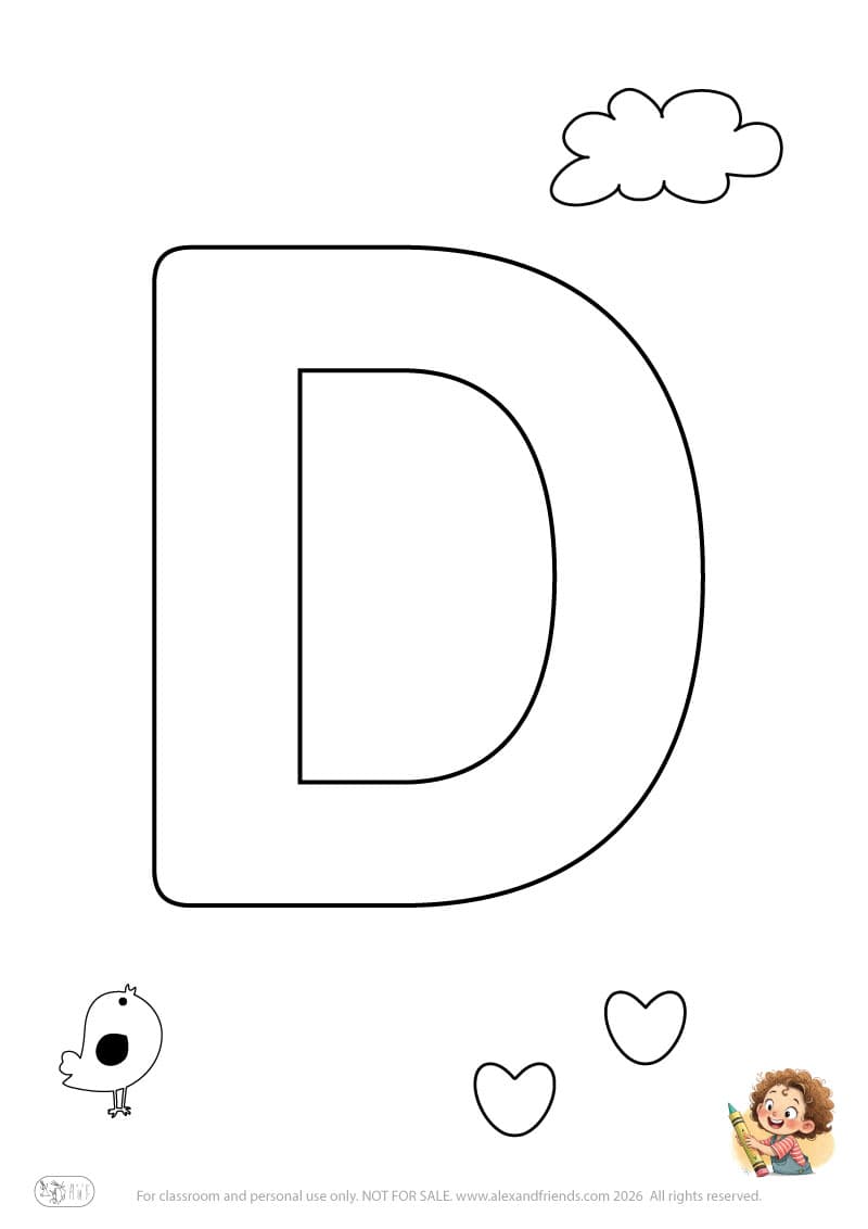 Letter D. Printable English alphabet coloring pages for children learning letters