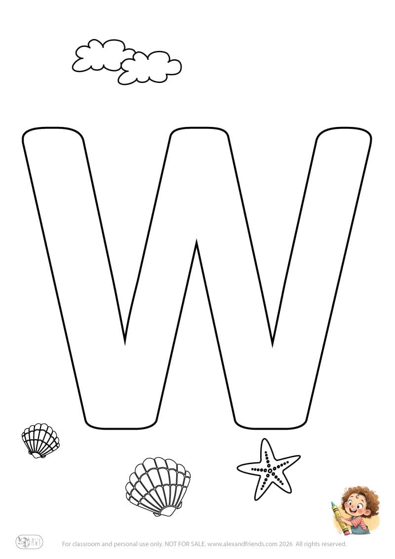 Letter W. Printable English alphabet coloring pages for children learning letters