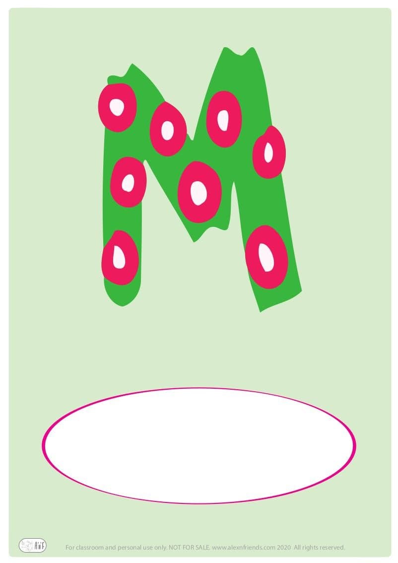 Free printable cover for kids' personal booklet with latin letter M.