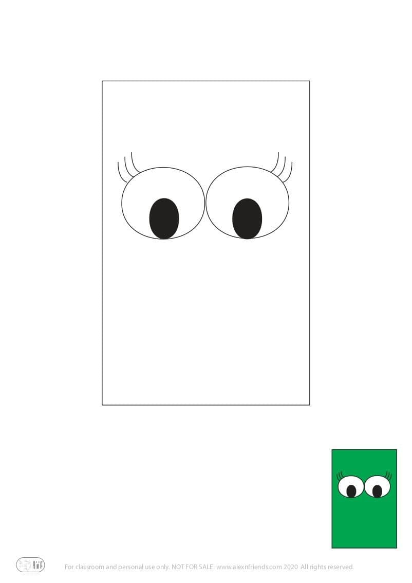 Free coloring page for kids. Learning shapes and colors. Green rectangle with eyes.