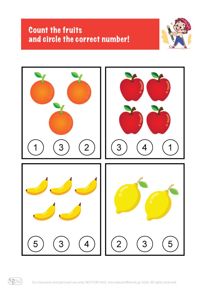 Count the fruits. Printable worksheets and activities that help kids practice number recognition and early math skills.