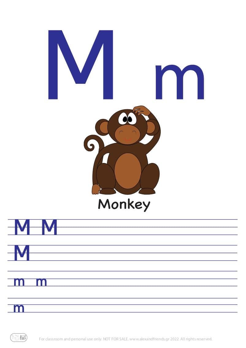 English alphabet. Free printable writing exercise for the letter M m and a monkey.