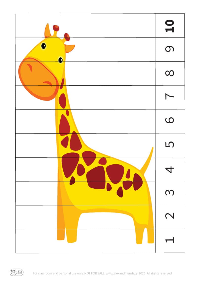 Giraffe. Printable educational number puzzle. Learn numbers activity for kids