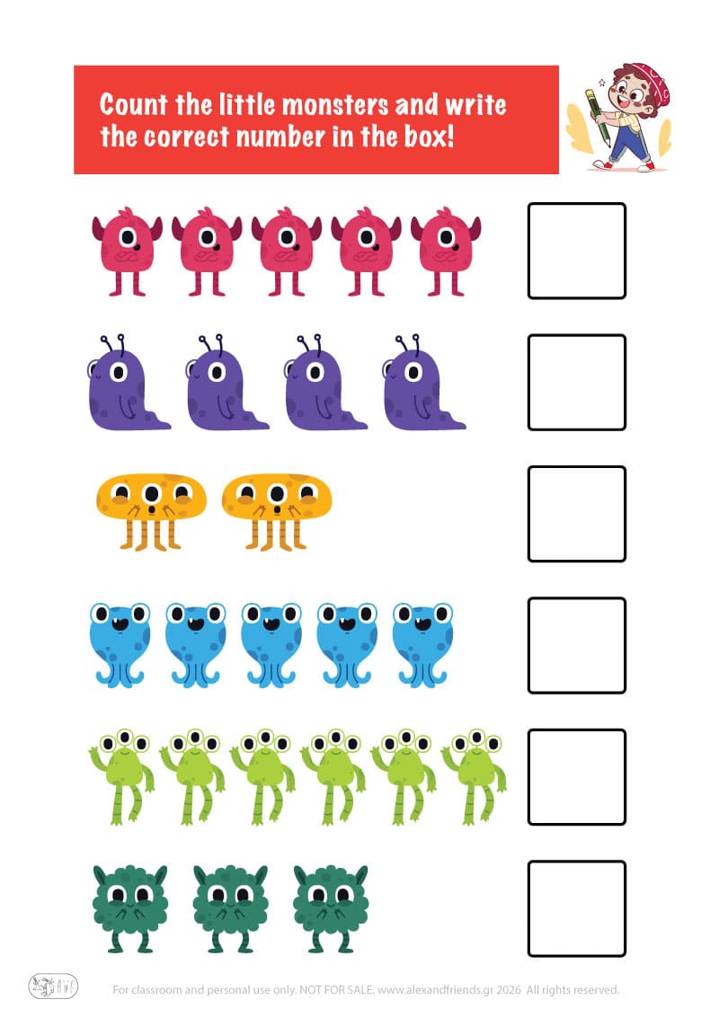 Count the little monsters. Printable worksheets and activities that help kids practice number recognition and early math skills.