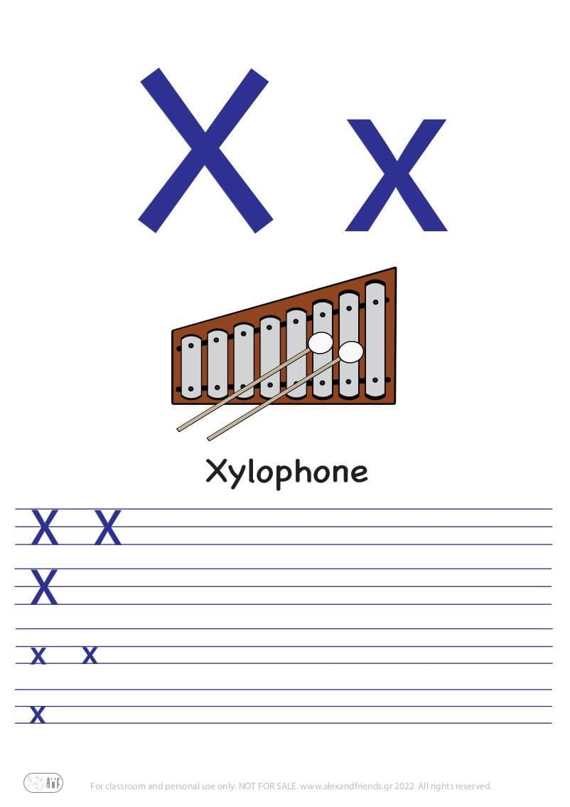 French alphabet. Free printable writing exercise for the letter X x and a xylophone.