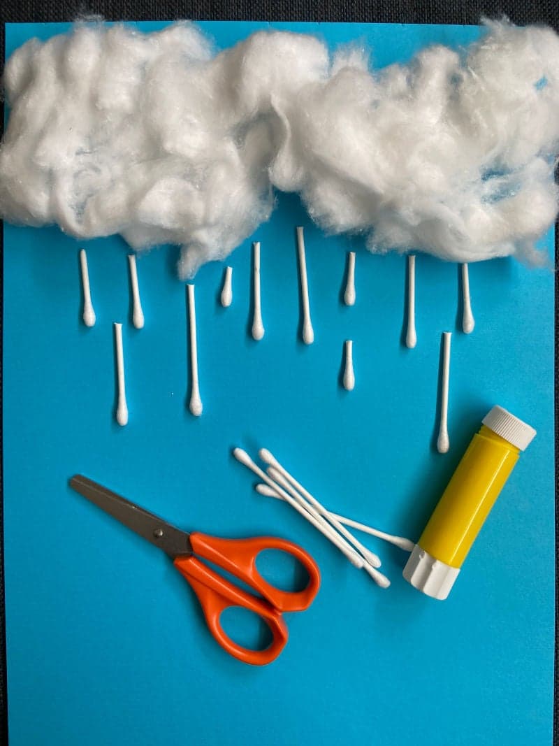Crafts for kids. Educational material. Clouds. Rain. Cotton. Q-tips. Glue. Scissors.