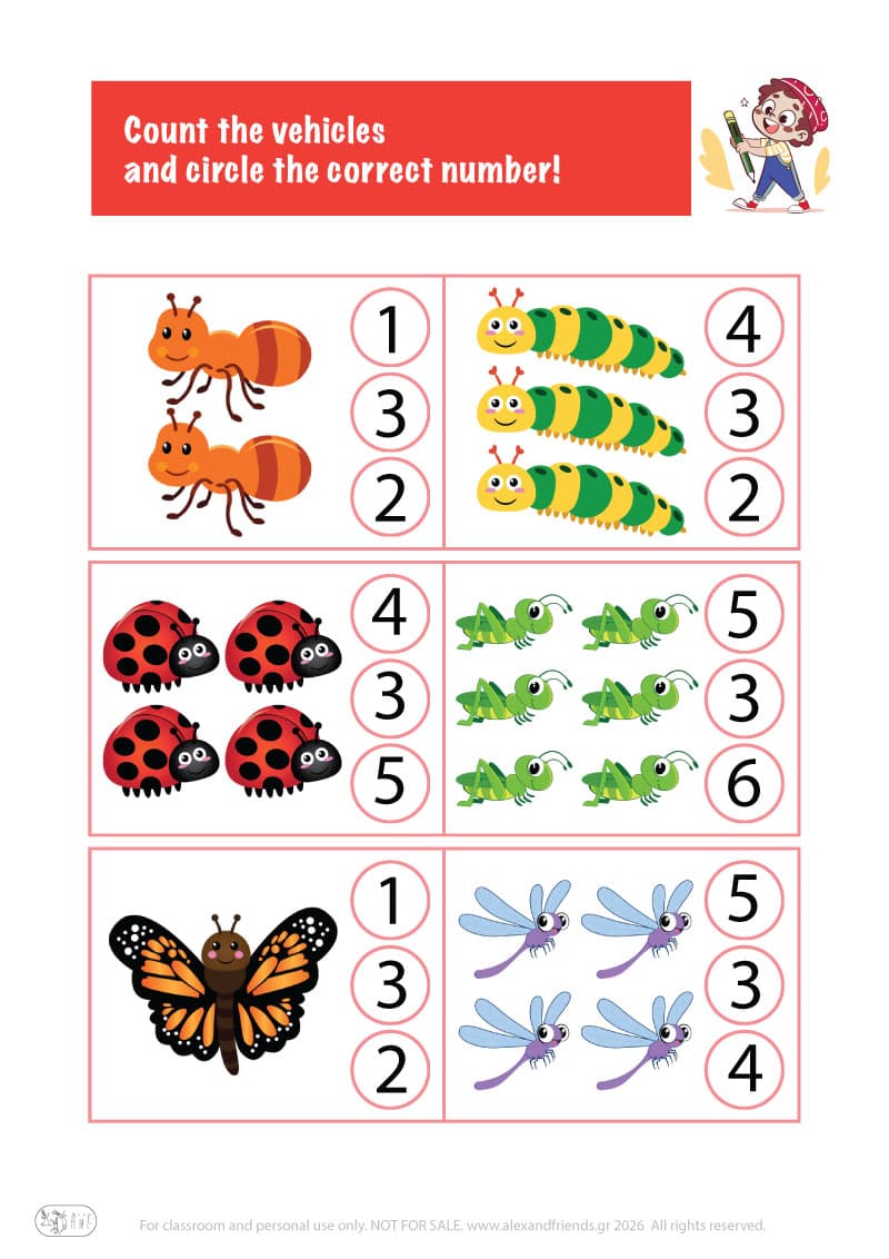 Count the bugs. Printable worksheets and activities that help kids practice number recognition and early math skills.