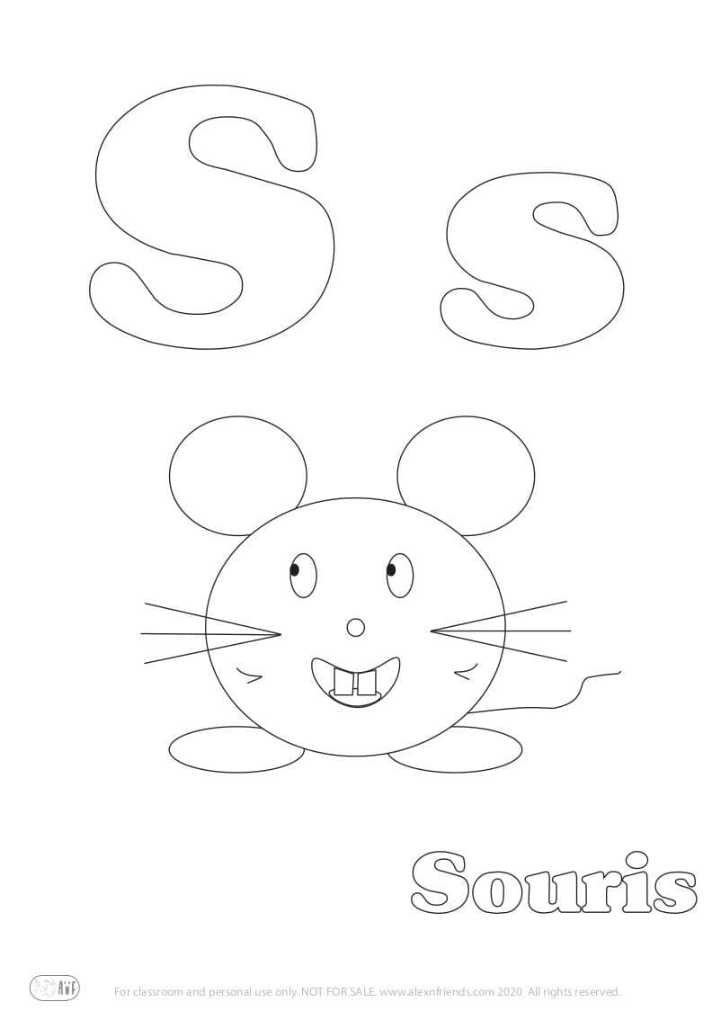 Learning french alphabet for kids. Free printable coloring page with letter S s and a mouse