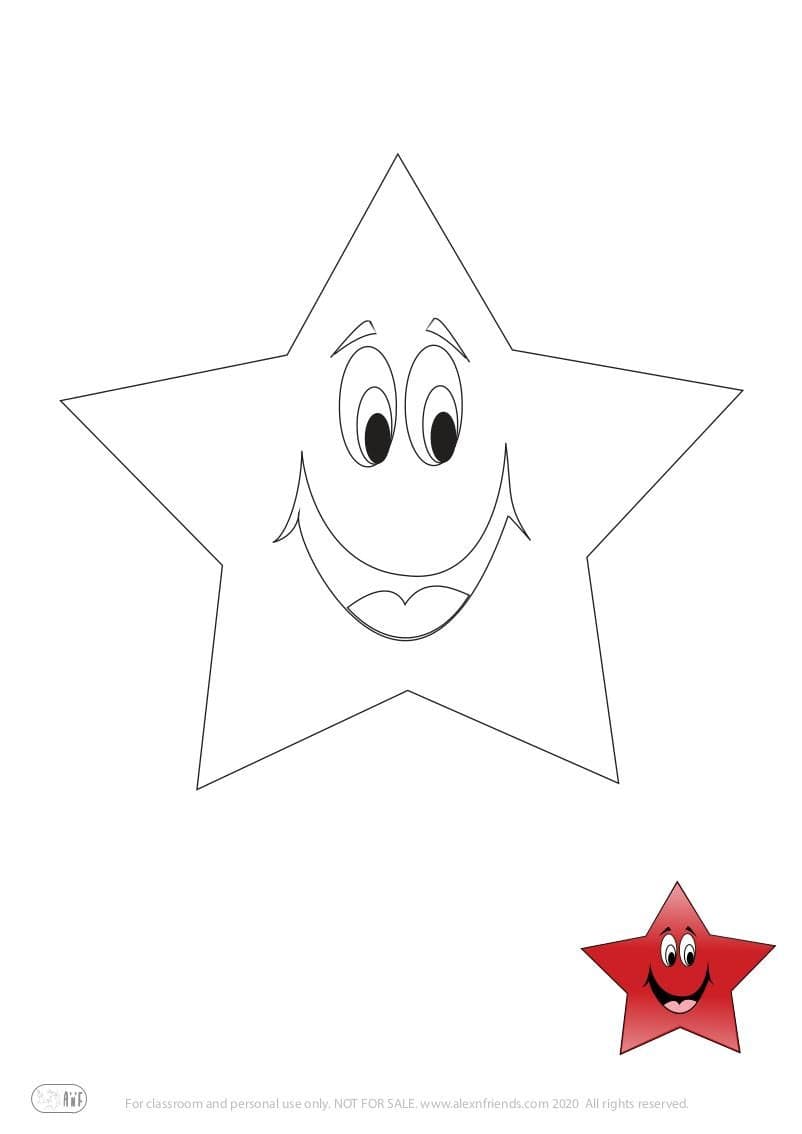Free coloring page for kids. Learning shapes and colors. Smiling red star.