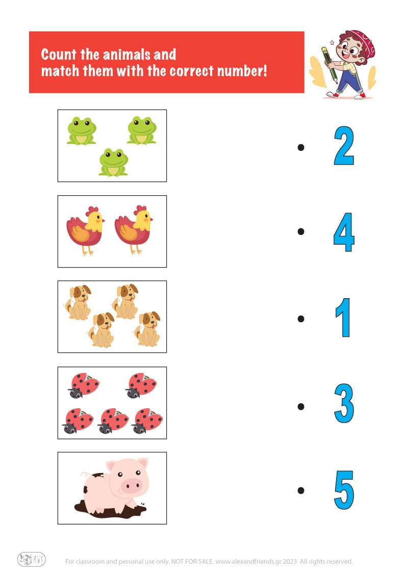 Count the animals. Printable worksheets and activities that help kids practice number recognition and early math skills.