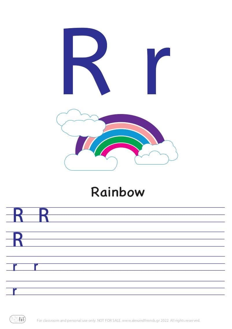 English alphabet. Free printable writing exercise for the letter R r and a rainbow.