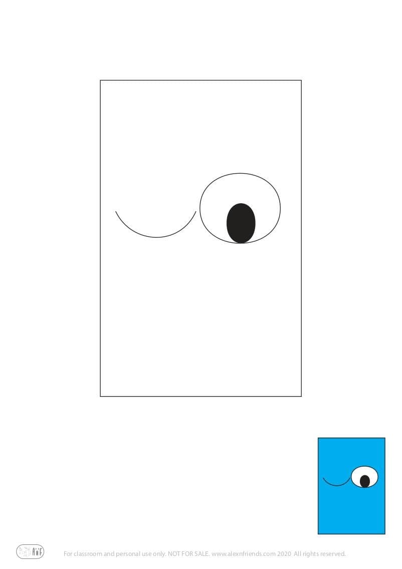 Free coloring page for kids. Learning shapes and colors. Light blue rectangle with eyes.