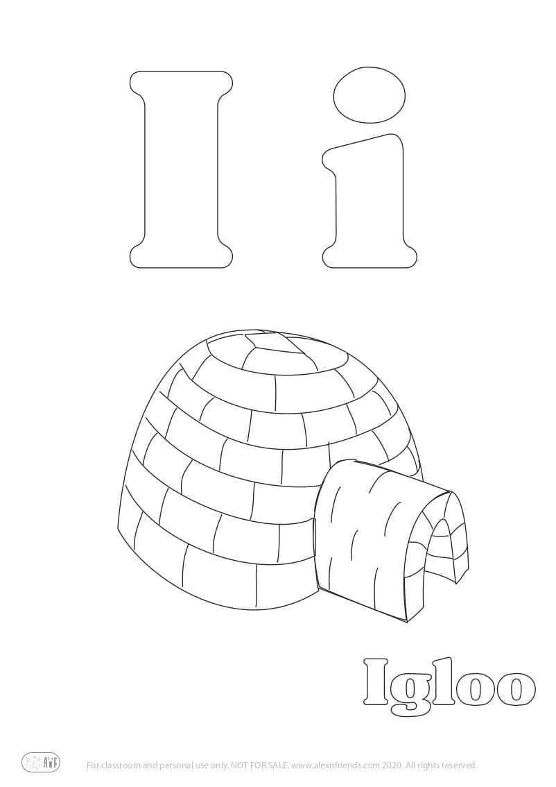 Learning french alphabet for kids. Free printable coloring page with letter I i and an igloo