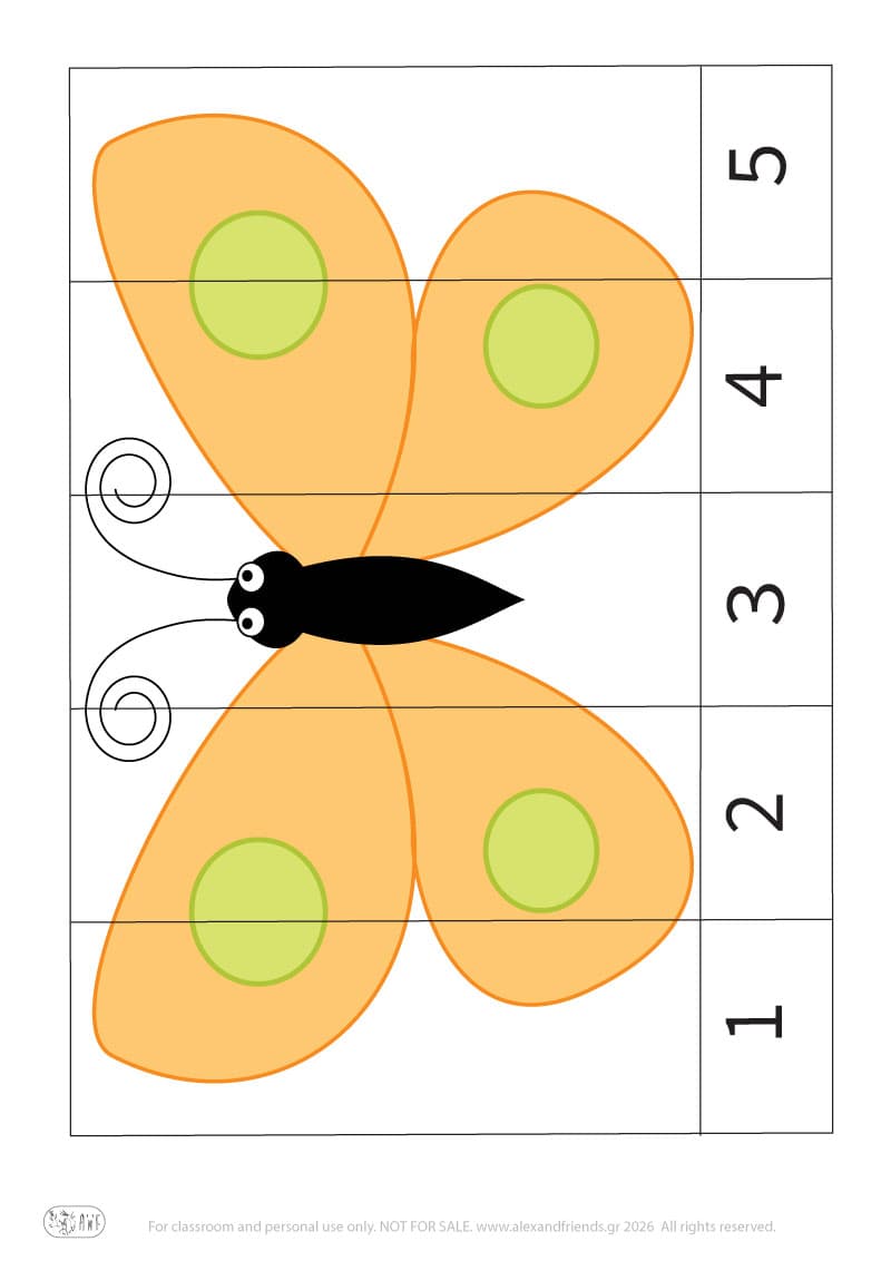 Butterfly. Printable educational number puzzle. Learn numbers activity for kids