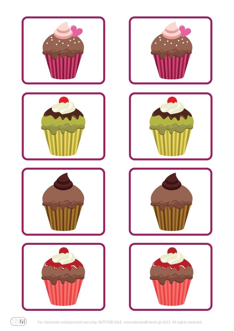 Memory card matching game for children toddlers. Cup cakes. Free printables.