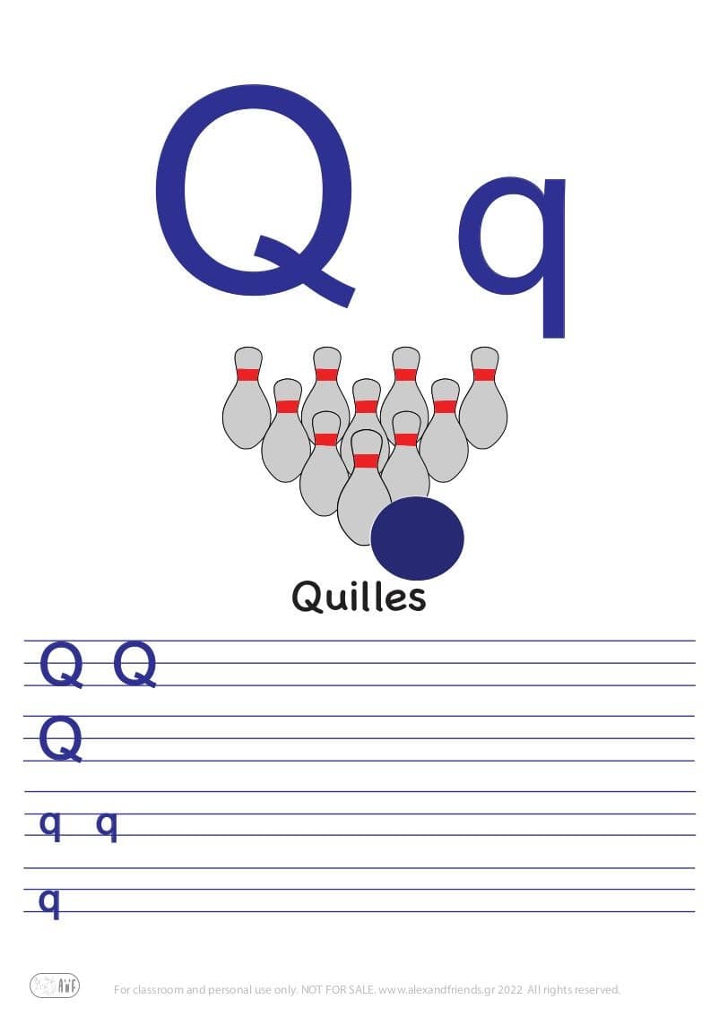 French alphabet. Free printable writing exercise for the letter Q q and a skittles.