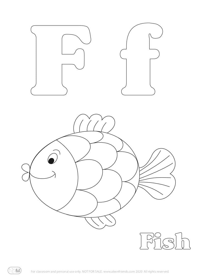 Learning english alphabet for kids. Free printable coloring page with letter F f and a fish