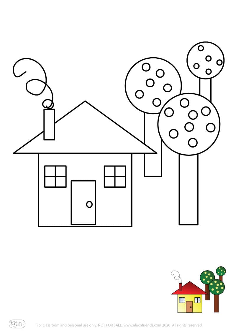 Εκπαιδευτική δραστηριότητα για παιδιά. Δωρεάν εκτυπώσιμο φύλλο ζωγραφικής με σπίτι και δέντρα