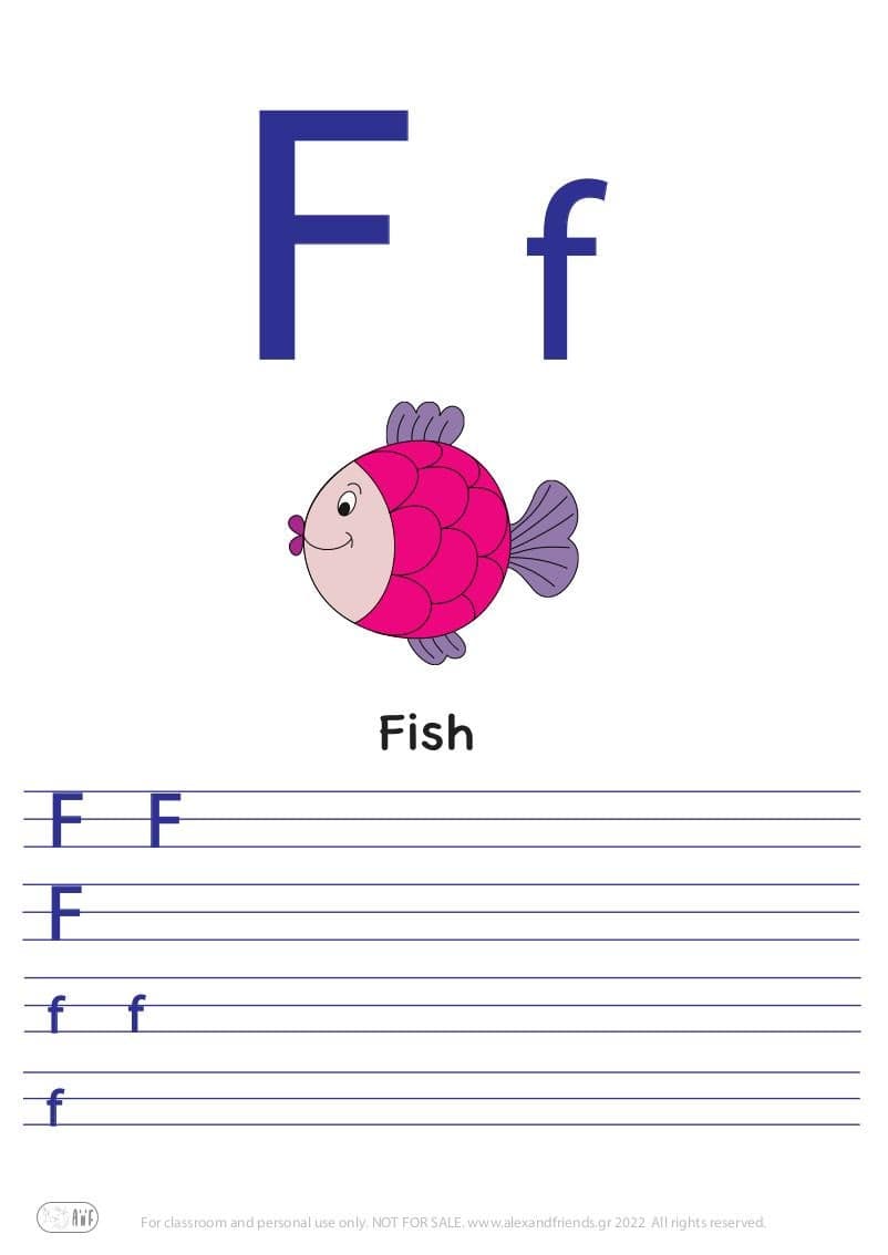 English alphabet. Free printable writing exercise for the letter F f and a fish.