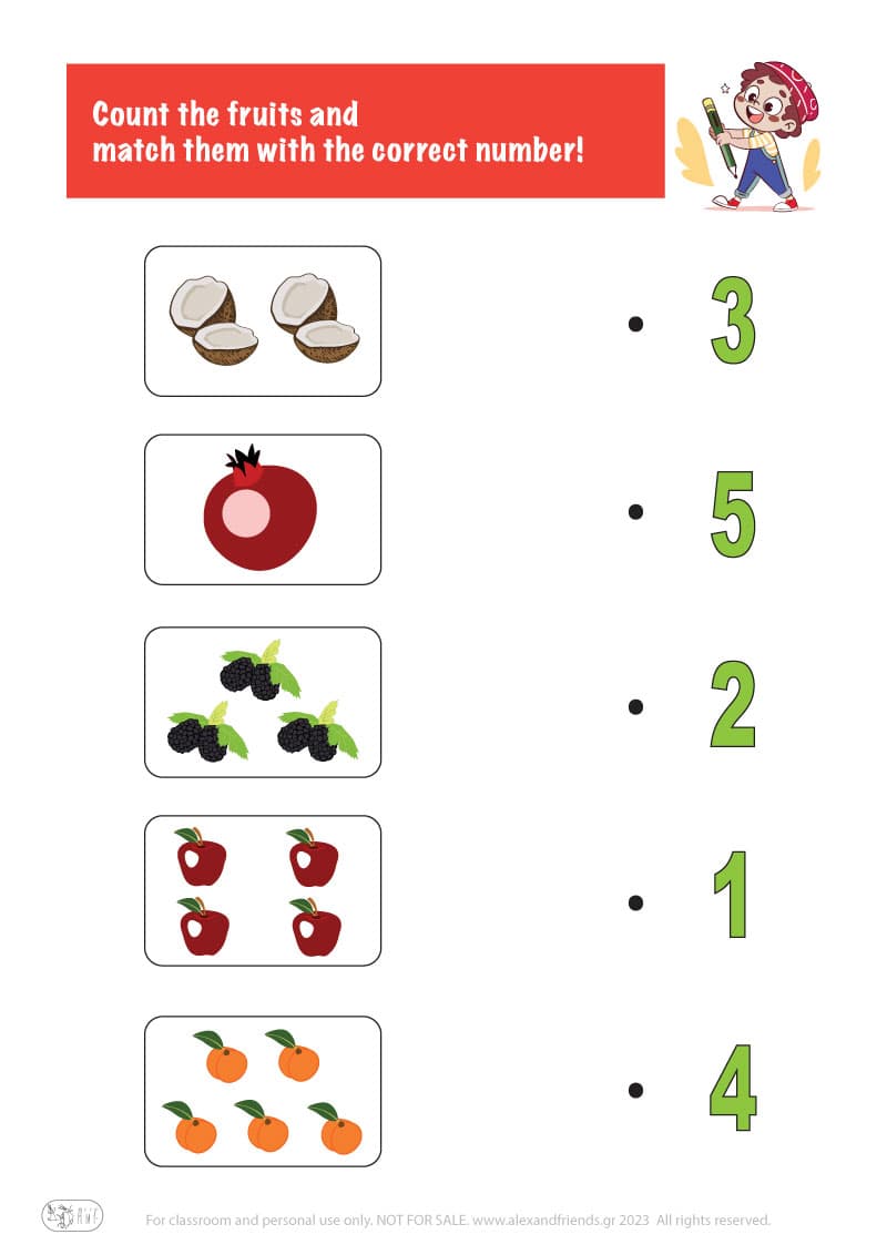Count the fruits. Printable worksheets and activities that help kids practice number recognition and early math skills.