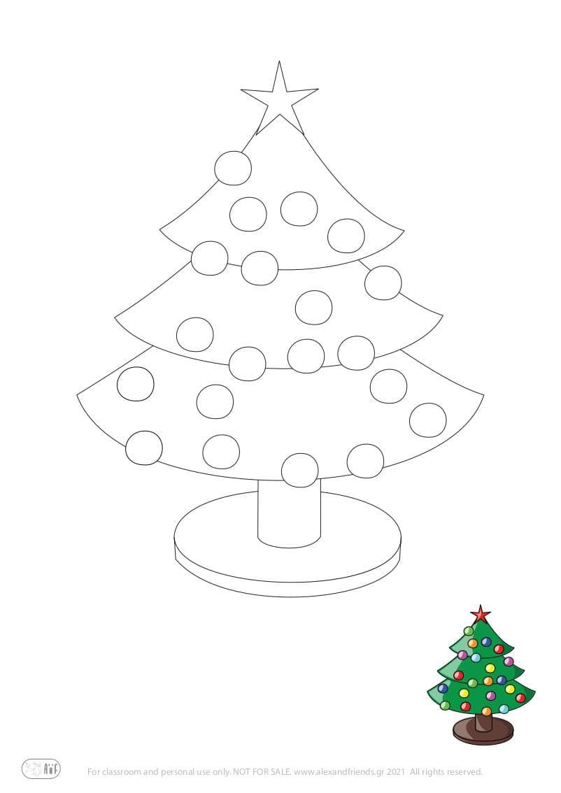 Free printable holiday coloring page for kids. Christmas and New Year. Christmas tree.