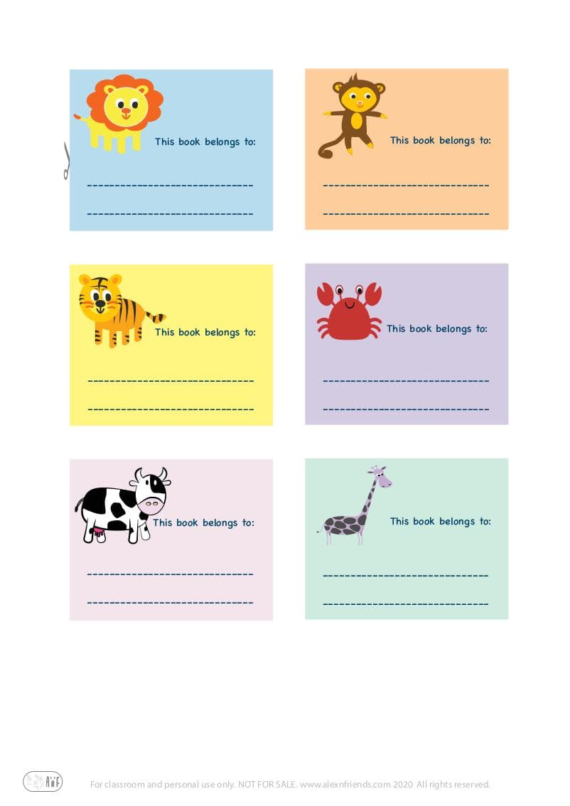 Free printable cute stickers for kids with animals in english. This book belongs to: