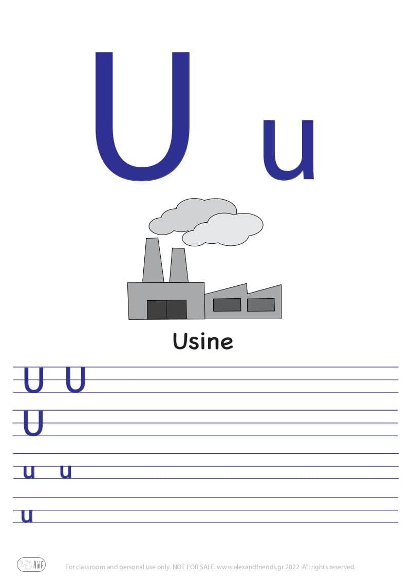 French alphabet. Free printable writing exercise for the letter U u and a factory.