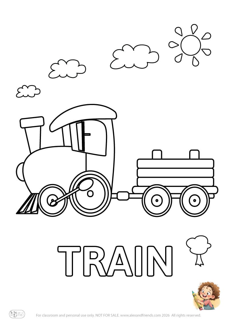 Letter T - TRAIN. Printable English alphabet coloring pages for children learning letters